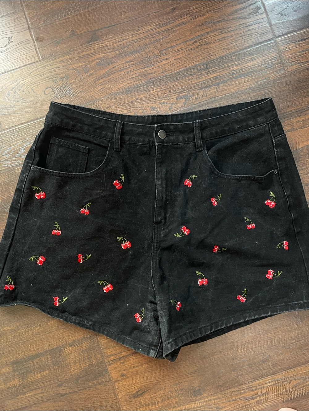 Cider Black Cherry Embroidered Denim Shorts | Size 0XL